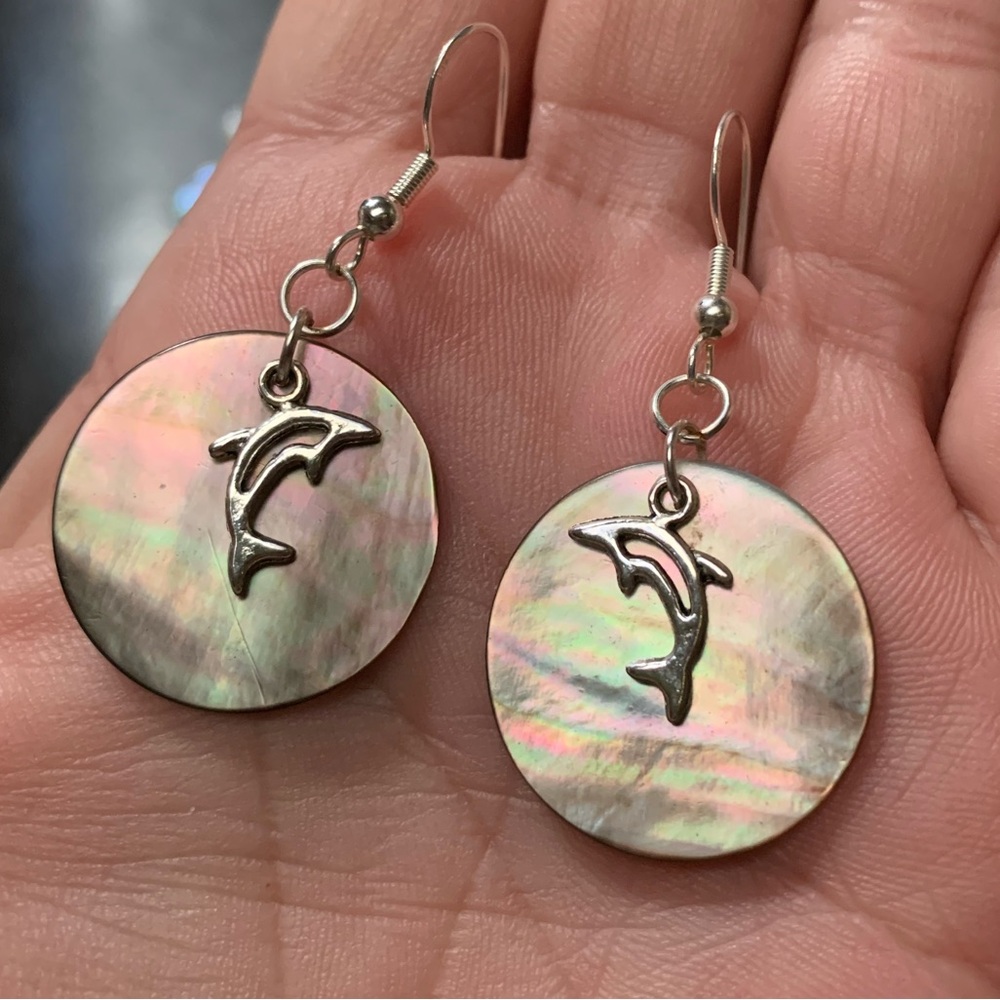 ❤️5/$15 Black Mother of Pearl Shell Dolphin Charm Silver Handcrafted Earrings